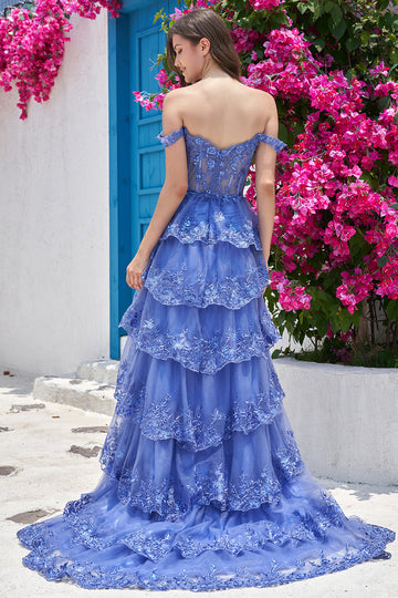 Línea A Fuera del Hombro Azul Oscuro Vestido de Graduación Con Apliques